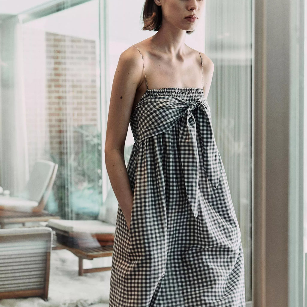 Vince Gingham Cotton-Silk Tie Smocked Dress