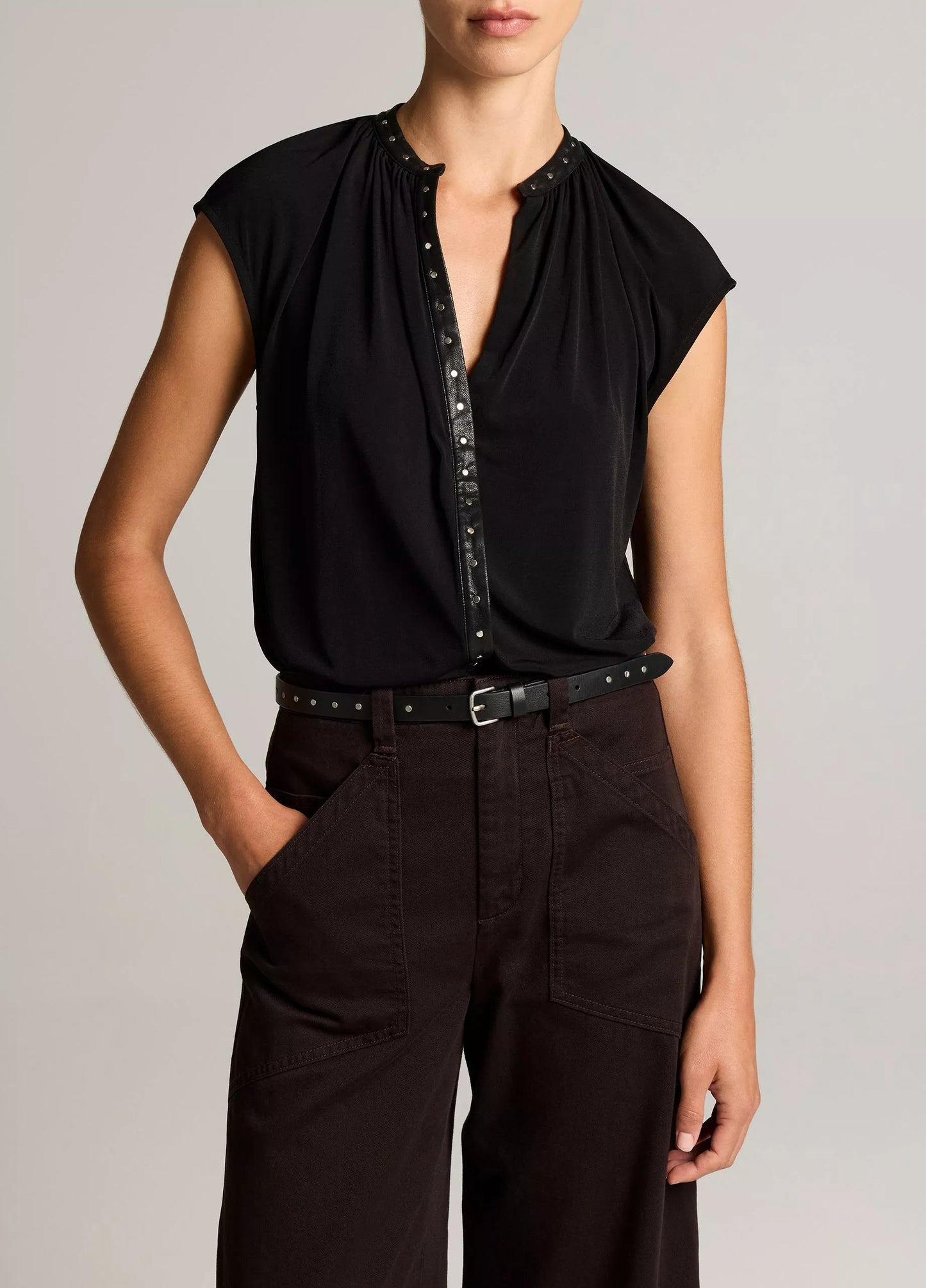 Vince Studded Matte Jersey Cap-Sleeve Top
