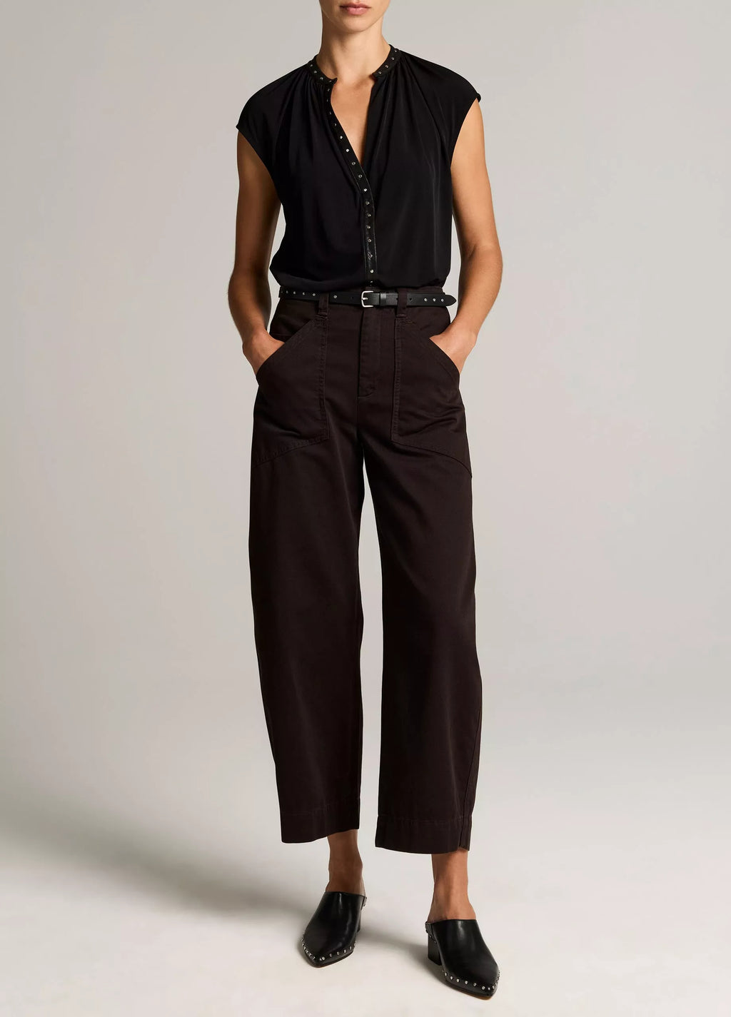 Vince Studded Matte Jersey Cap-Sleeve Top