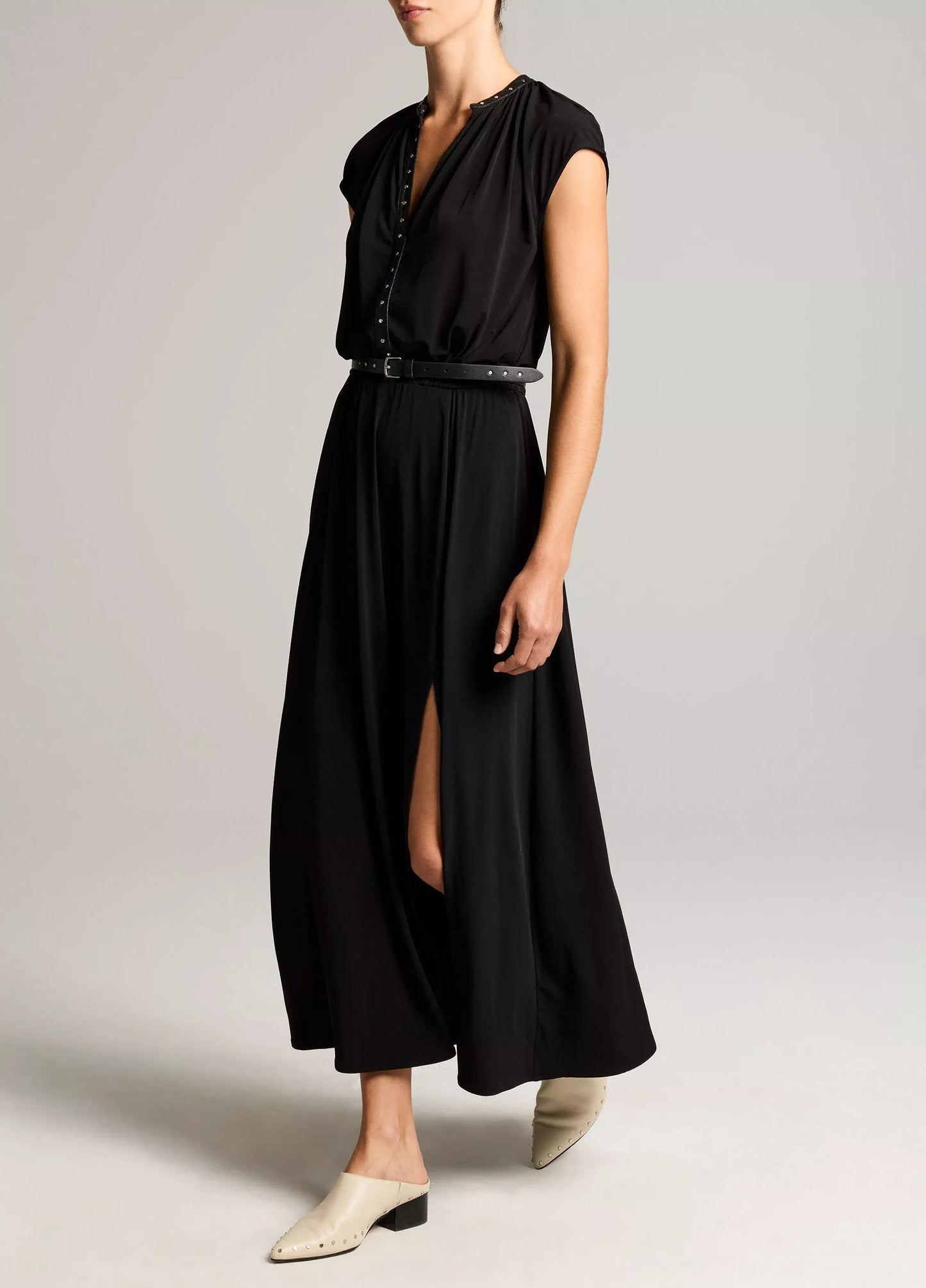 Vince Studded Matte Jersey Cap-Sleeve Dress