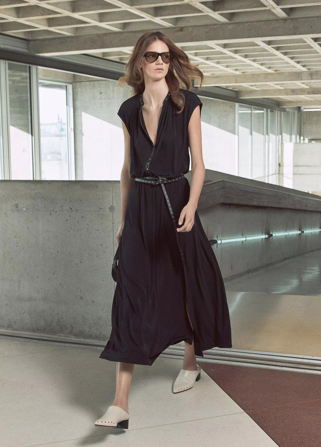Vince Studded Matte Jersey Cap-Sleeve Dress