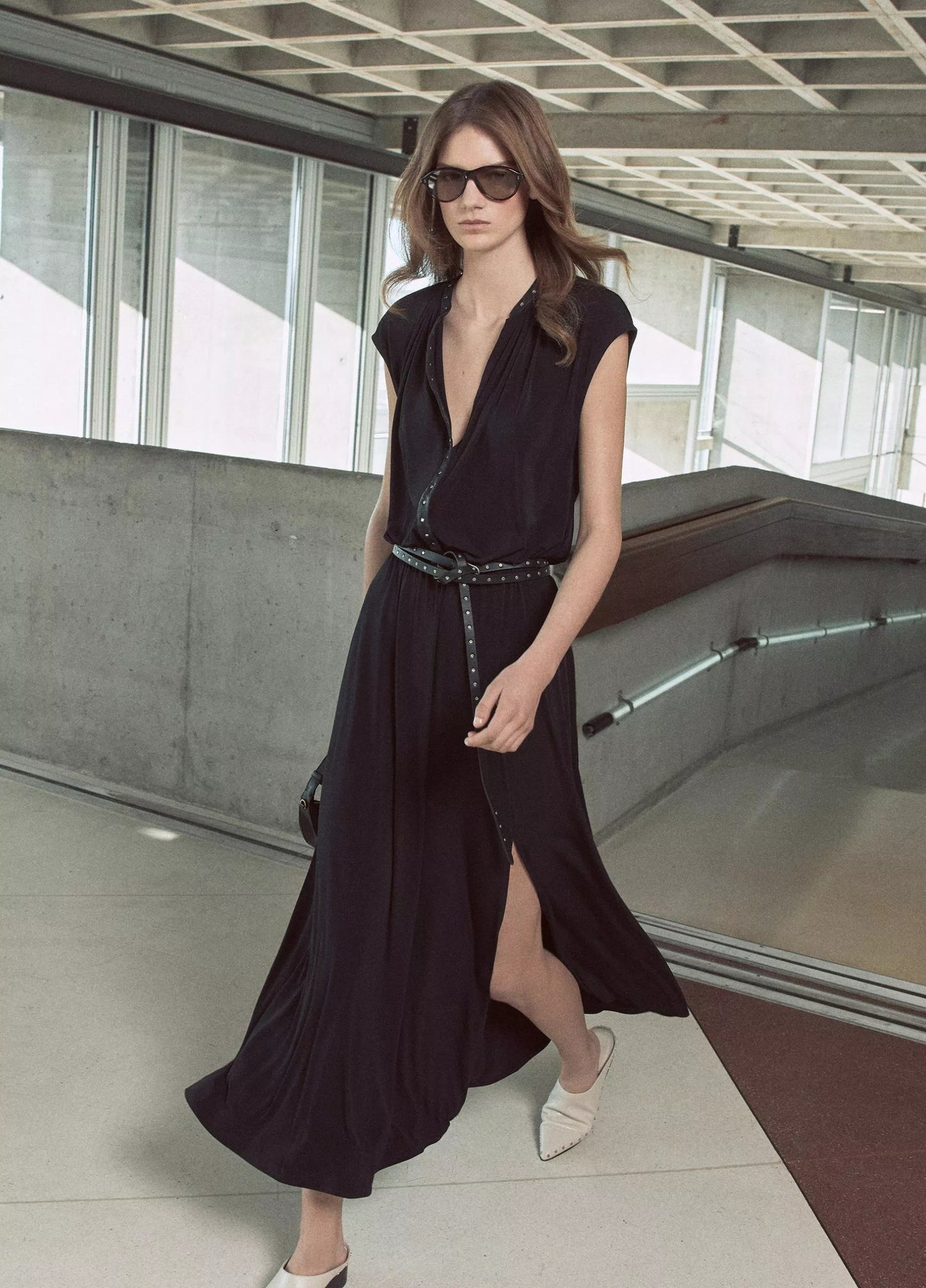 Vince Studded Matte Jersey Cap-Sleeve Dress