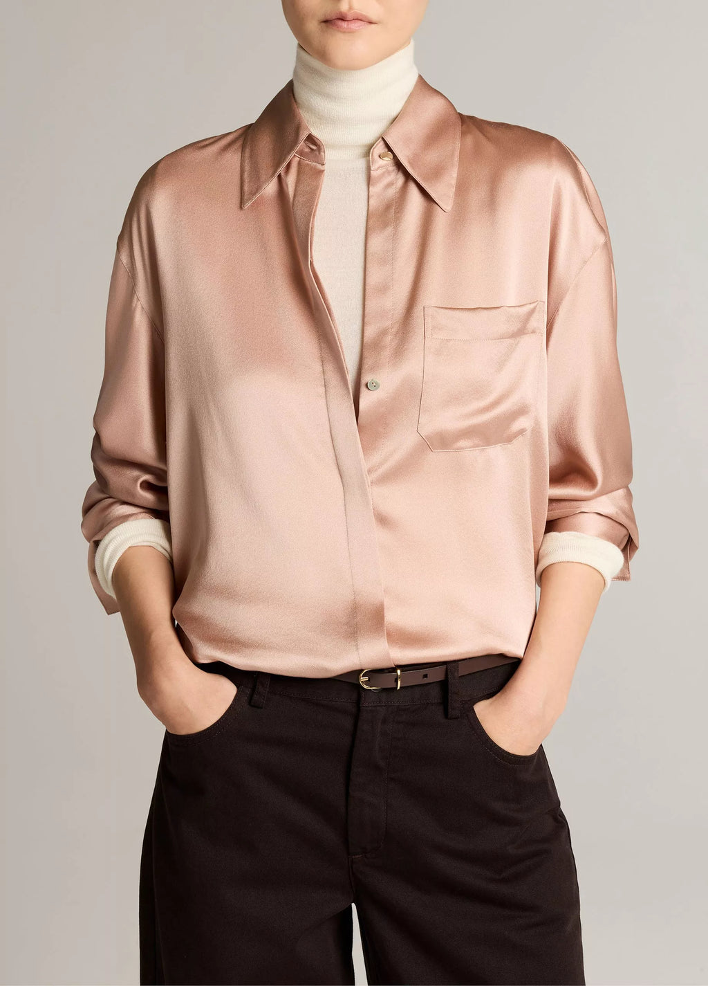 Vince Silk Satin Dolman-Sleeve Button-Front Shirt