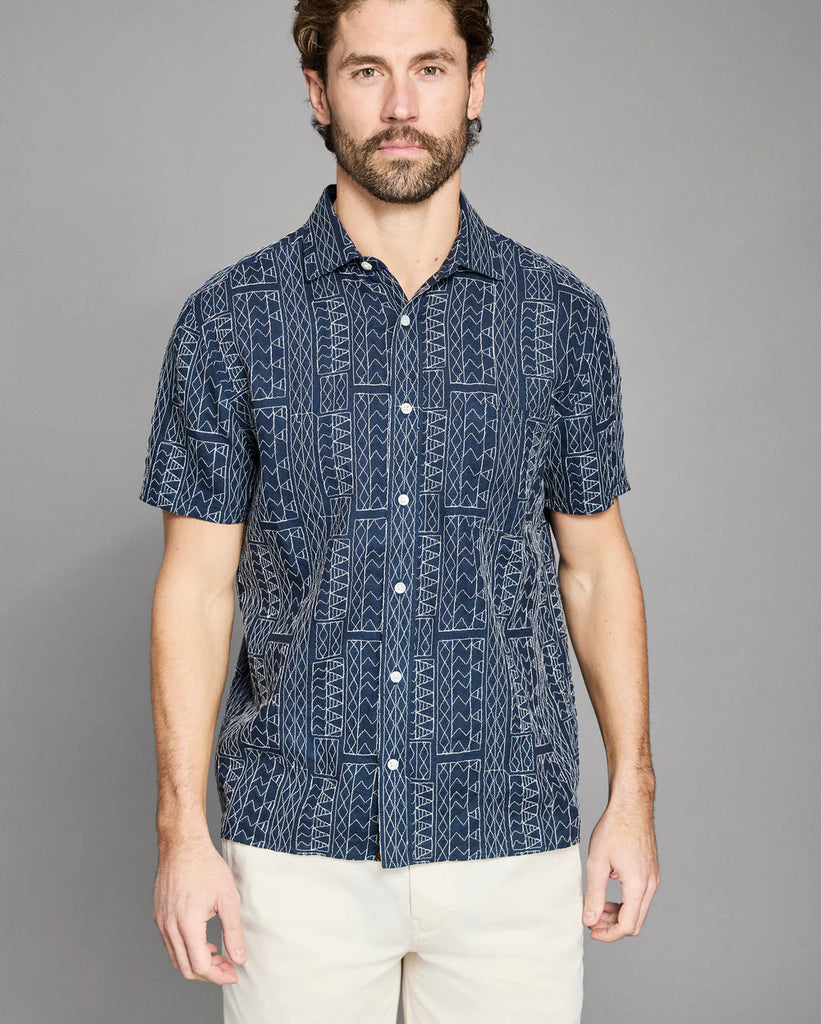 Billy Reid Short Sleeve Geo Stitch Embroidered Treme Shirt
