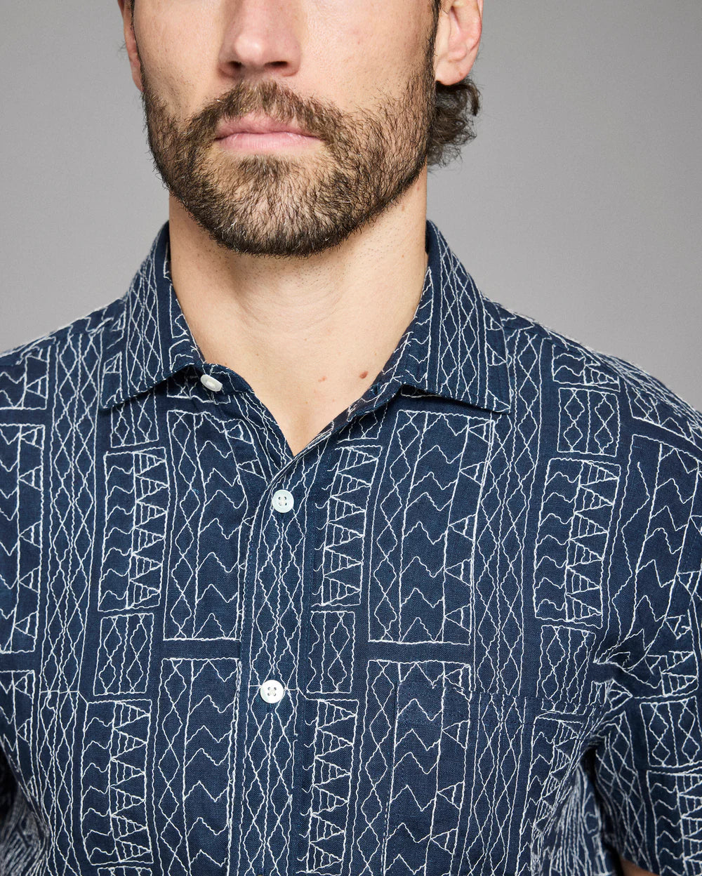 Billy Reid Short Sleeve Geo Stitch Embroidered Treme Shirt